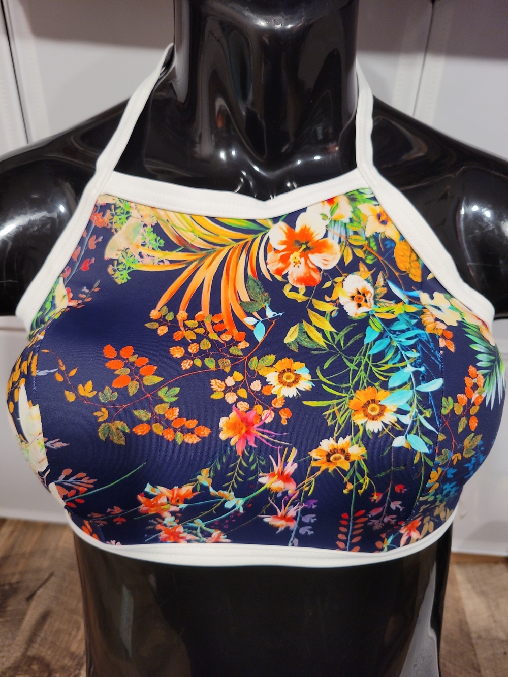 Freya Navy Floral High Neck Bikini Top with White Trim - Picture 2 of 3